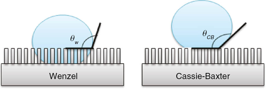 Figure 1: 
						Liquid droplet in Wenzel vs. Cassie-Baxter wetting state.
					