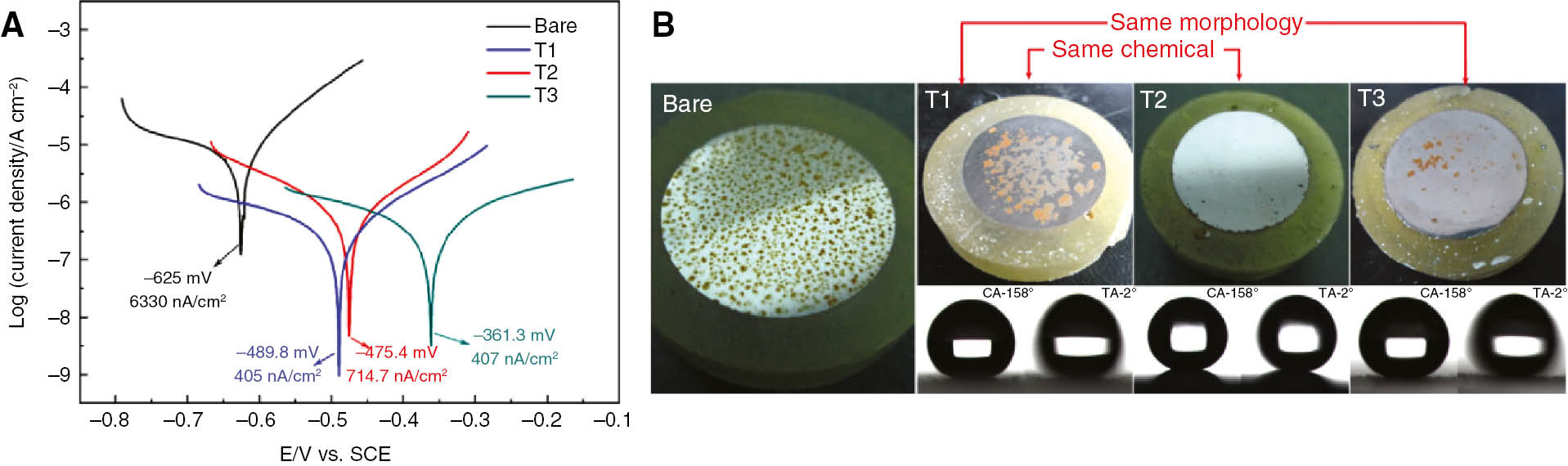 Figure 4: 
						Tafel plots (A) of 080M46 steel coupons without and with three coatings (T1, T2 and T3) of different TEOS and TMES compositional ratios and (B) their WCA and optical micrographs (Wang and Xiong, 2014). Copyright © 2014 Elsevier B.V. All rights reserved.
					