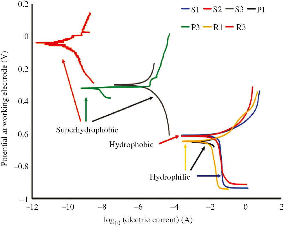 Figure 26: 
						Potentiodynamic polarization curves of different samples (P1 is the cast iron and P2, R2, and S2 are the modified surfaces with stearic acid. However, P3, R3, and S3 were spray coated with a commercial hydrophobic liquid (Rust-Oleums®NeverWets)). Rendering the surface superhydrophobic is seen to reduce the corrosion current density as well as shift the corrosion potential closer to the reference electrode potential (Ramachandran & Nosonovsky, 2015). Published by The Royal Society of Chemistry.
					