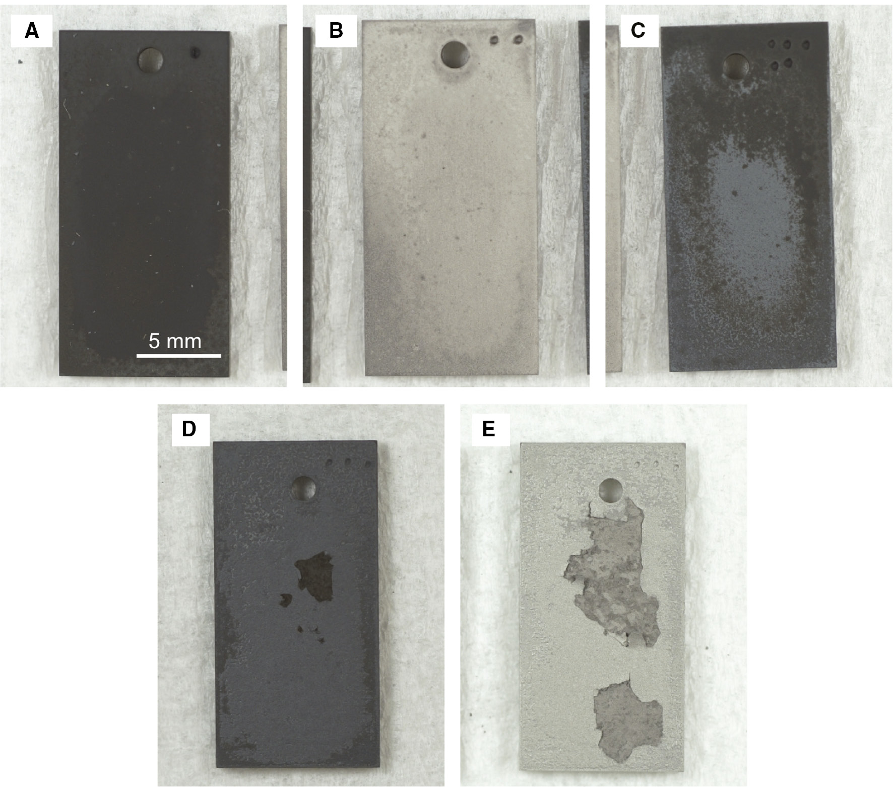 Figure 4: 
            Surface appearance of samples after different time (cycles) of the carburization-oxidation cycle test at 1000°C. (A) 6 (3 cycles), (B) 7 (3.5 cycles), (C) 8 (4 cycles), (D) 26 (13 cycles) and (E) 27 (13.5 cycles) h.
          