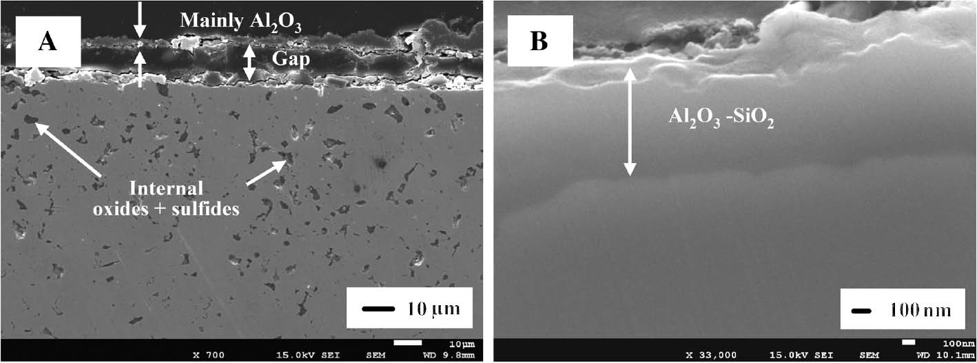 Figure 7: 
            Cross-sectional SEM images of scales formed on (A) CoNiCrAlY and (B) CoNiCrAlY-30 mass% Si alloys for 720 ks at 1073 K in an air-(Na2SO4+25.7 mass% NaCl) gas atmosphere (Sudiro et al., 2011a). Reproduced with permission from the Japan Institute of Metals and Materials.
          