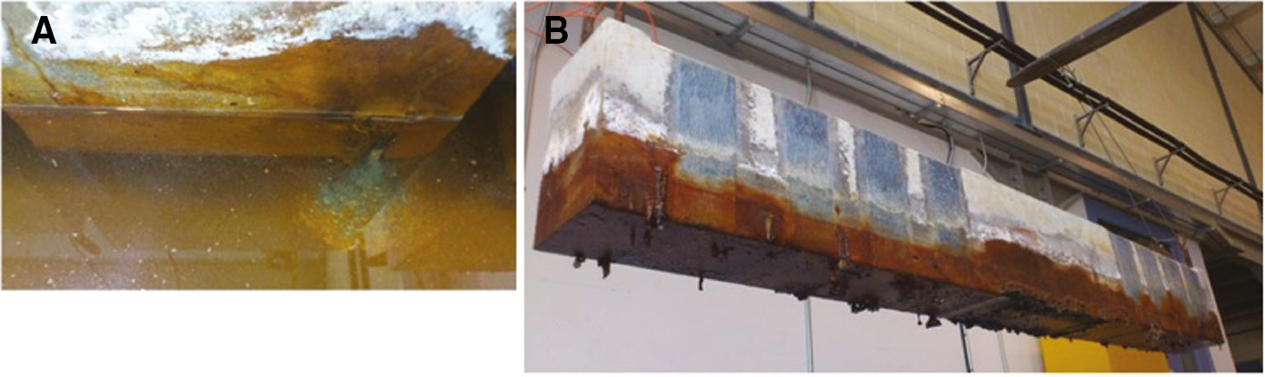 Figure 6: 
					Condition of specimens after removal from the corrosion bath: (A) corrosion products leaching out in the corrosion bath; (B) staining of the exposed region with corrosion products.
				