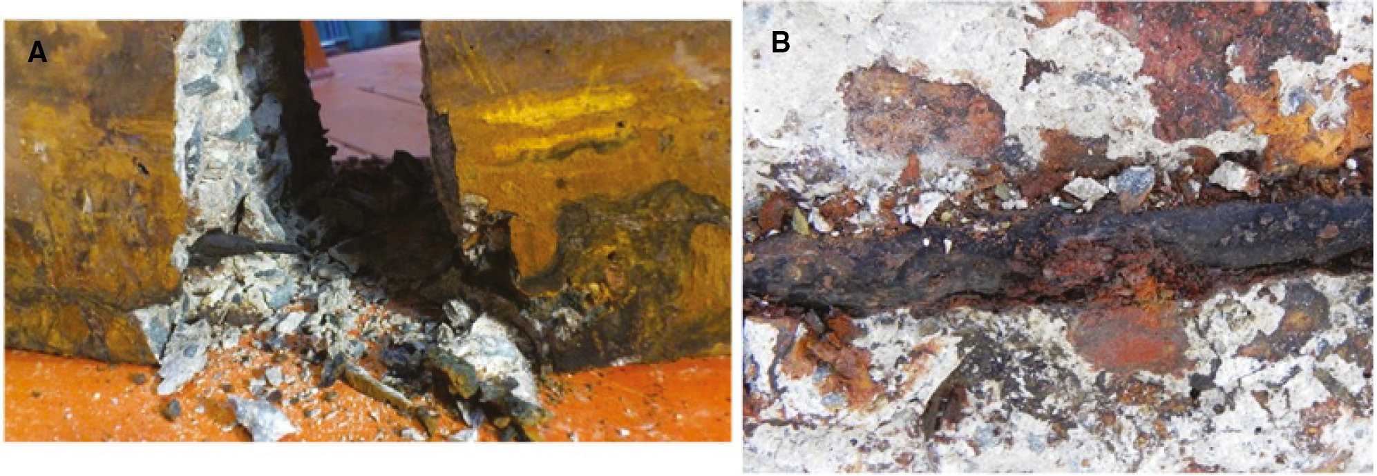 Figure 7: 
					Condition of reinforcement (after the mechanical tests were completed): (A) rupture of bar at corrosion pit; (B) reduction of bar section due to corrosion.
				