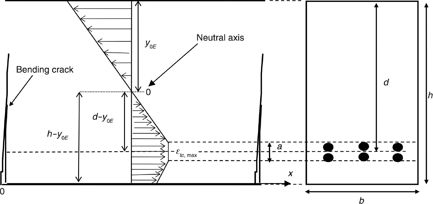 Figure 4: 
					Concrete strain profile in a cross-section located at mid crack spacing.
				