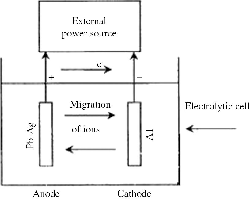 Figure 1: 
						Basic features of an electrowinning cell at 38°C (Nguyen & Atrens, 2009). Permission granted by T. Nguyen.
					
