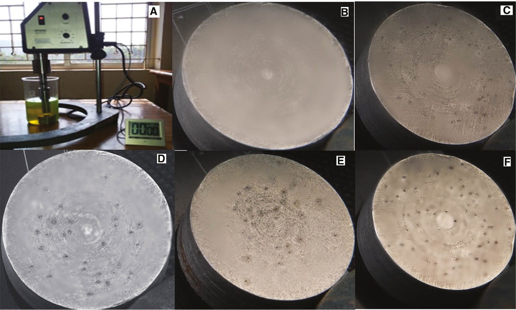 Figure 7: 
            Details of the cavitation corrosion test and the test coupons after the test with different fluids. (A) Cavitation corrosion test setup, (B) pristine aluminum coupon, (C) aluminum coupon after the test using the base coolant, (D) aluminum coupon after the test using the MWCNT-based nanofluid, (E) aluminum coupon after the test using the silver nanofluid and (F) aluminum coupon after the test using alumina nanofluid.
          