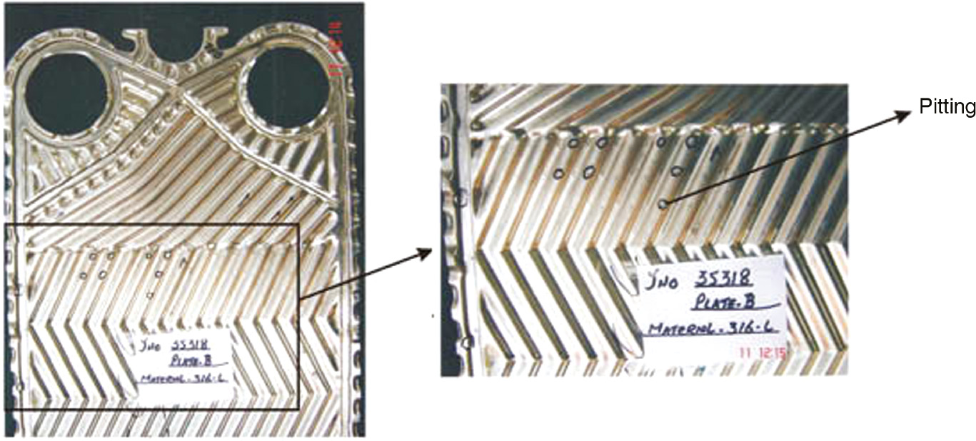 Figure 6: 
						Pitting corrosion damage in a plate heat exchanger.
						Reprinted from Deen et al. (2010), with permission from Elsevier.
					