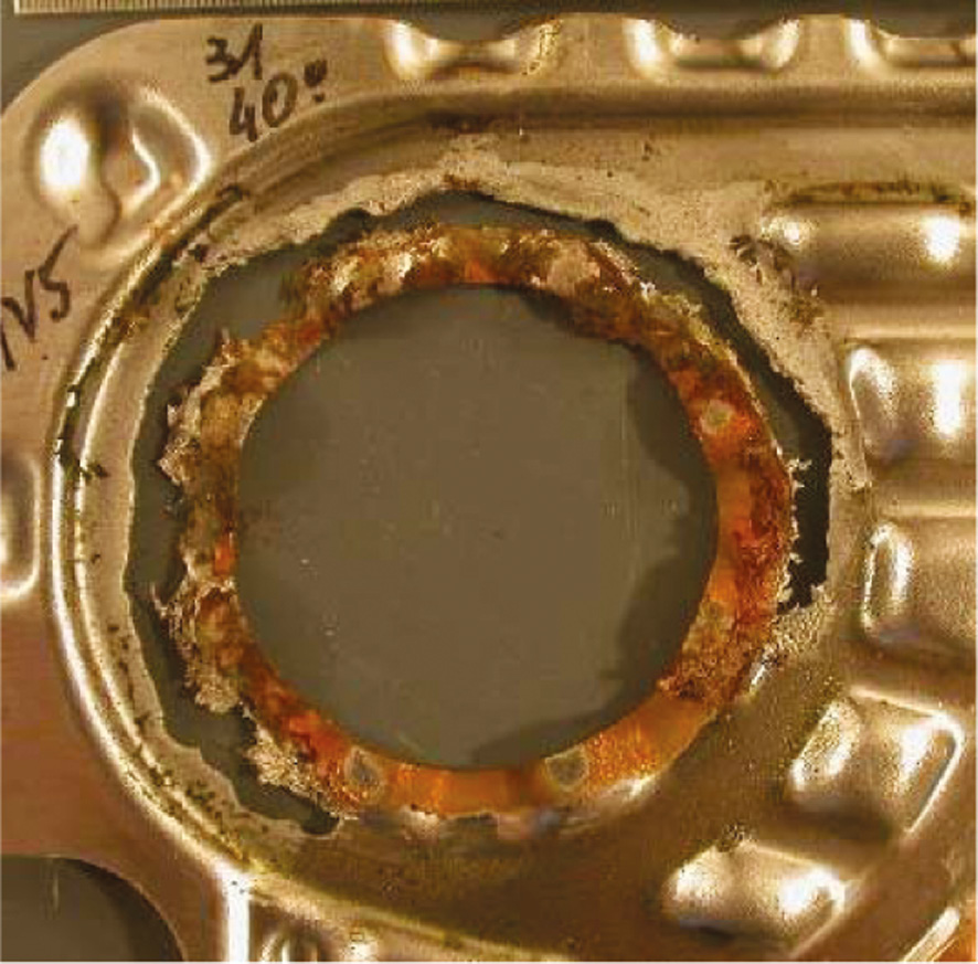 Figure 7: 
						Crevice corrosion under the gasket of a plate heat exchanger.
						Reprinted with permission from NACE International, from Cassagne et al. (2010).
					
