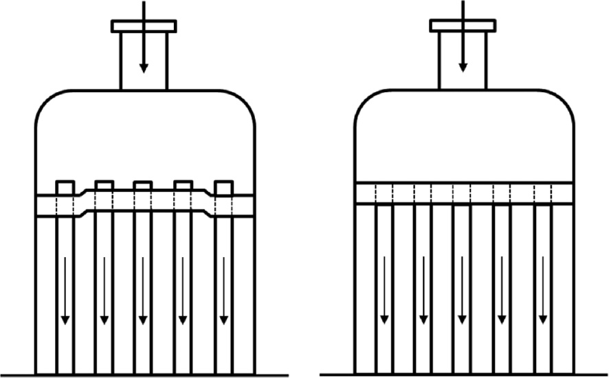 Figure 20: 
						Dead space in a vertical heat exchanger (left) and a correctly rolled heat exchanger (right).
					