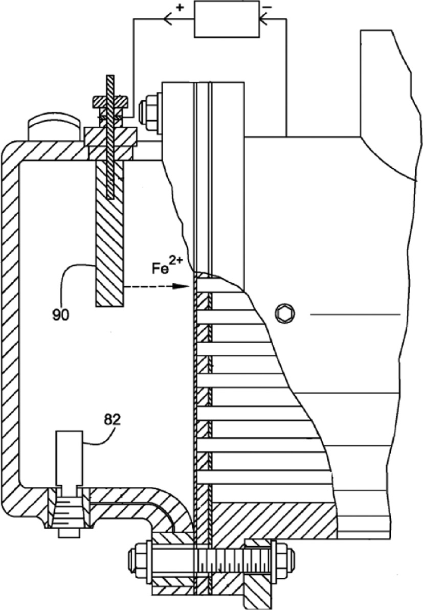 Figure 25: 
						Cathodic protection of heat exchanger tubes by placing the anodes 82 and 90 in the end chamber (Deivasigamani & Preiser, 2013).
					