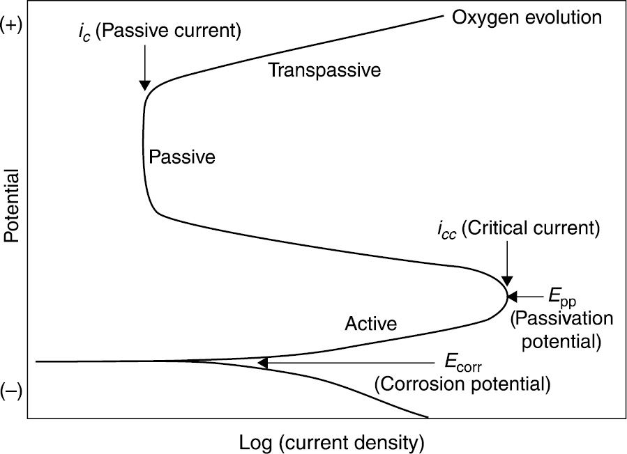 Figure 29: 
						Polarisation curve for a metal with an active-passive transition.
						Reprinted from Roberge (2008), with permission from McGraw-Hill Education.
					