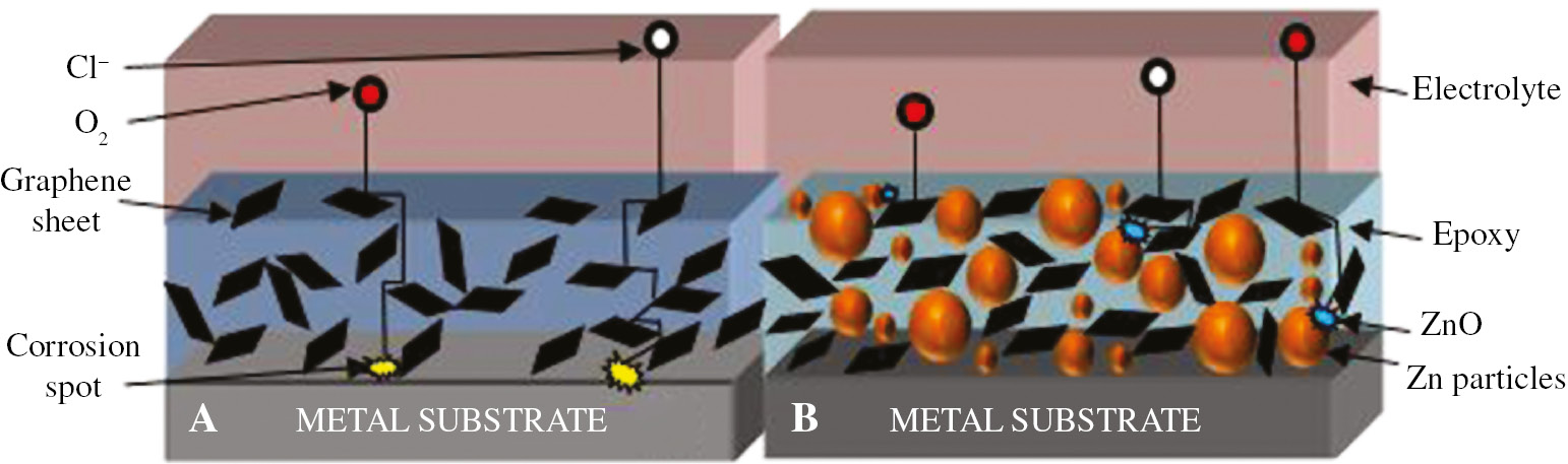 Figure 4: 
					Schematic representation illustrating protection mechanism of (A) graphene-epoxy coating and (B) graphene-zinc rich epoxy coating exposed to electrolytic solution.
				