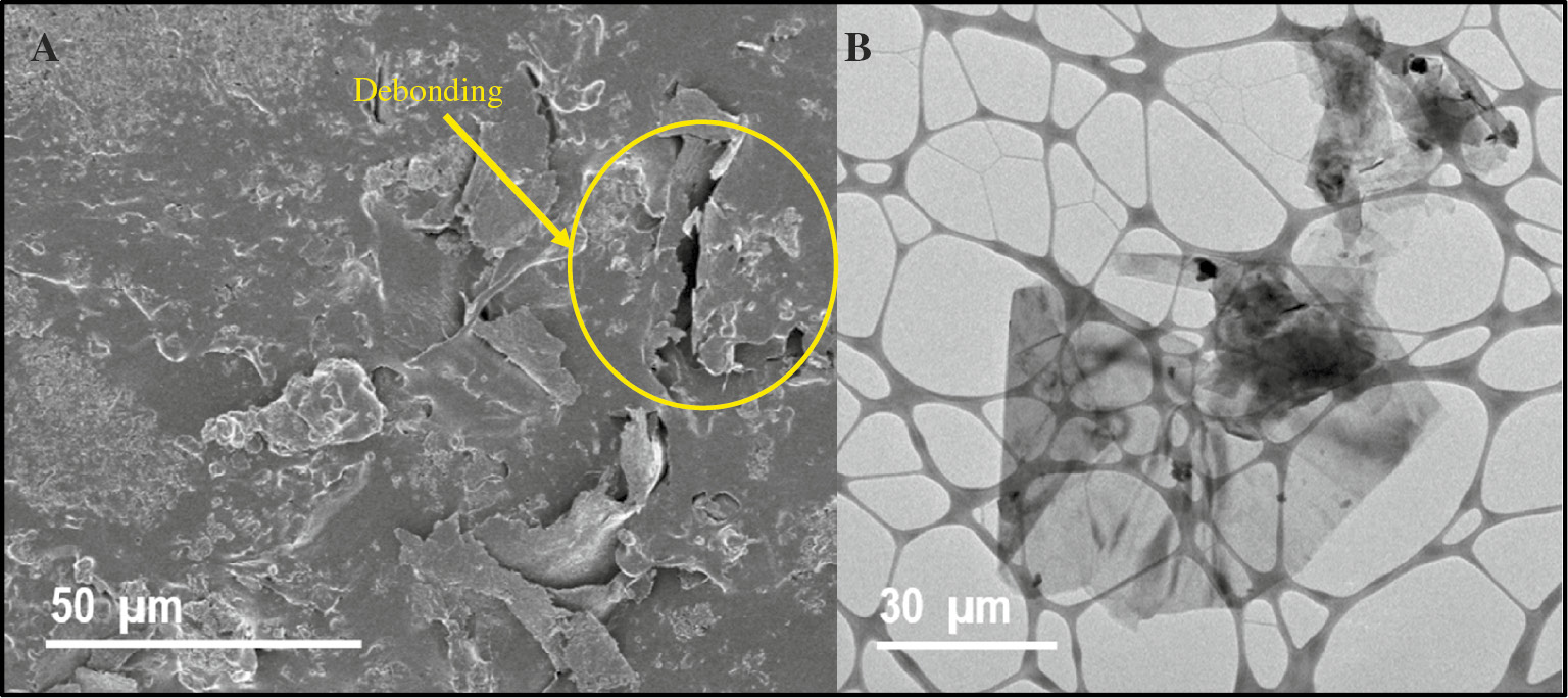 Figure 5: 
					(A) Typical FESEM image demonstrating incomplete bonding of graphene sheets with the polymer and (B) HRTEM image representing flocculation of graphene sheets in polymer matrix.
				