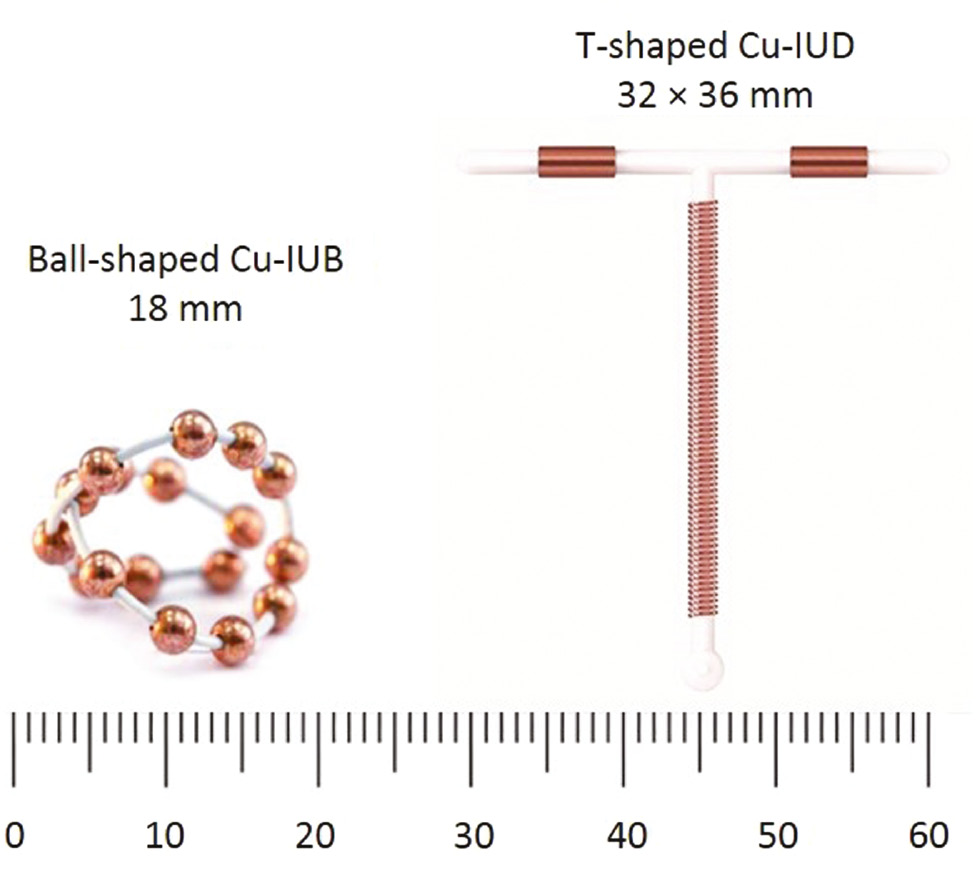 Figure 1: 
					Cu-IUD: (left) IUB-shaped Cu-IUB and (right) T-shaped Cu-IUD.
				