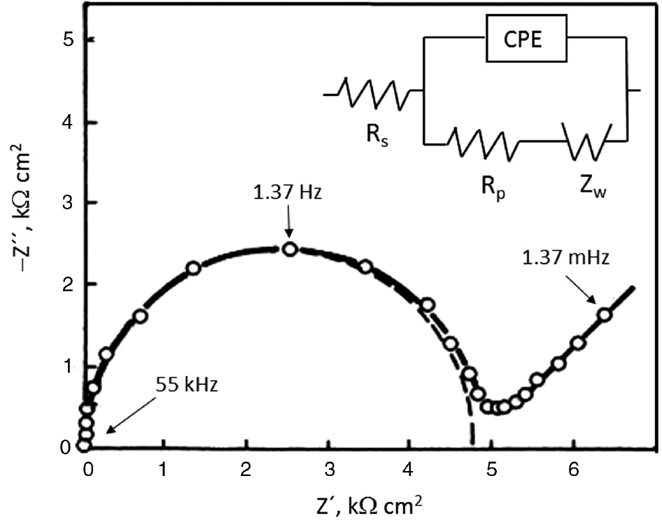 Figure 3: 
						Nyquist plot for copper in 5.0% citric acid after 96 h experimentation at room temperature.
					