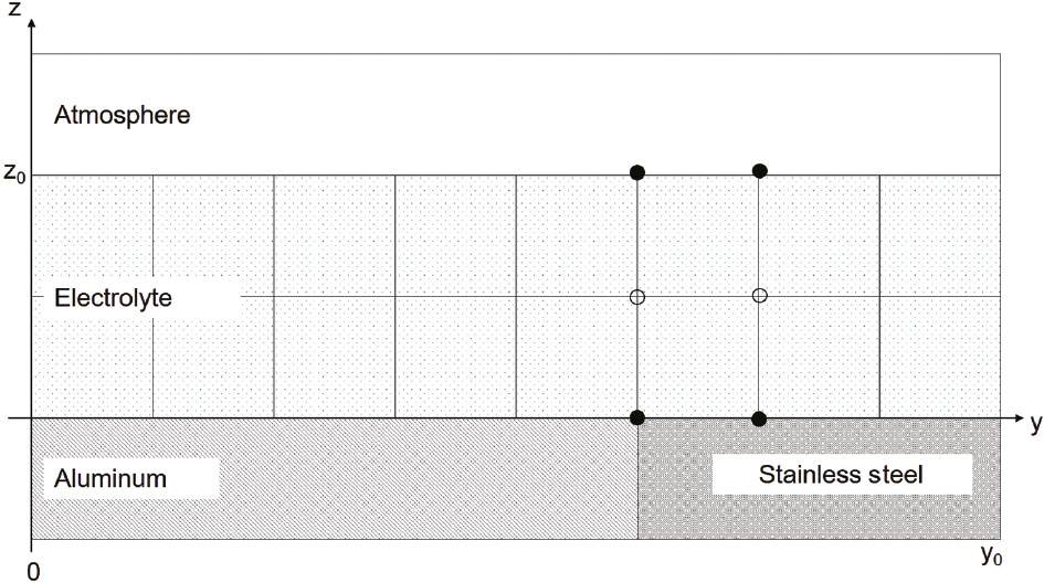 Figure 1:
Illustration of a portion of the computational cell. Filled circles indicate boundary nodes. Open circles indicate bulk electrolyte nodes. Only concentration fields at nodes within the electrolyte underwent time evolution.