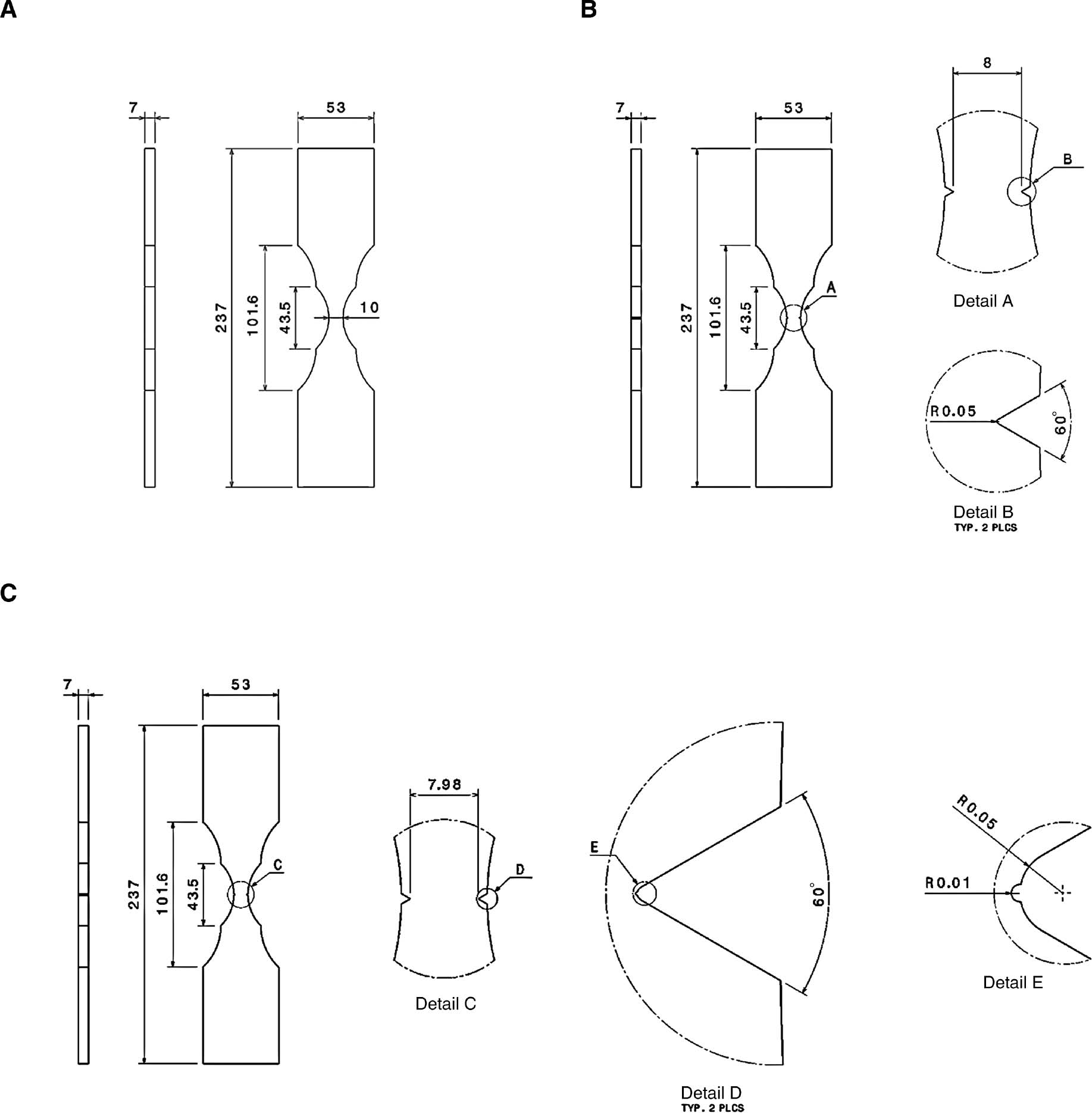 Figure 1: 
					Dimensions of the specimens: (A) smooth specimen, (B) EDM-notched specimen, and (C) EDM+sharp knife-notched specimen (Baragetti et al., 2018).
				