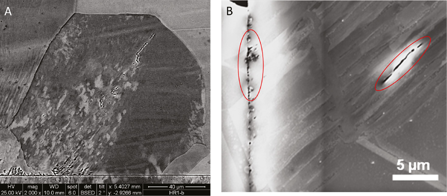 Figure 14: 
						Formation of very small surface and interior cracks formed at and below PSB threshold. (A) Interior small crack about 80 μm away from surface and simultaneously formed small surface cracks. (B) Magnified view of surface and interior small cracks in electrolyte copper (Weidner et al., 2010; Stanzl-Tschegg et al., 2011).
					