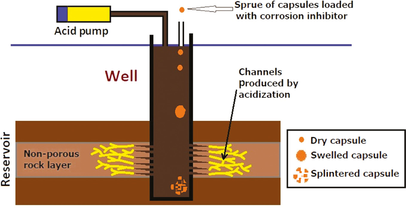 Figure 6: 
						Scheme of acidizing process and addition of inhibitor capsules for an oil well.
					