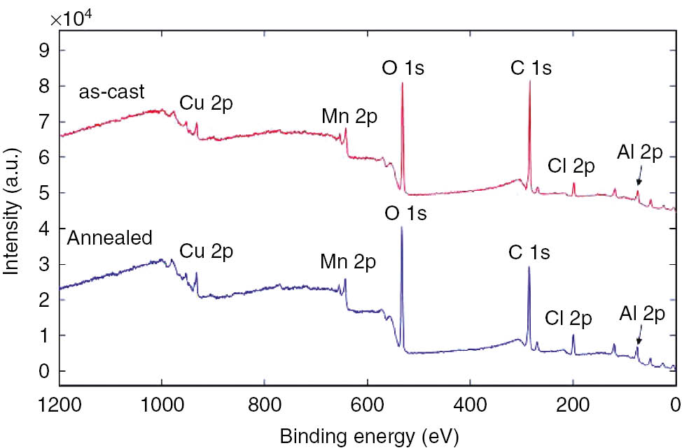 Figure 10: 
						XPS survey spectra from the as-cast and annealed samples.
					