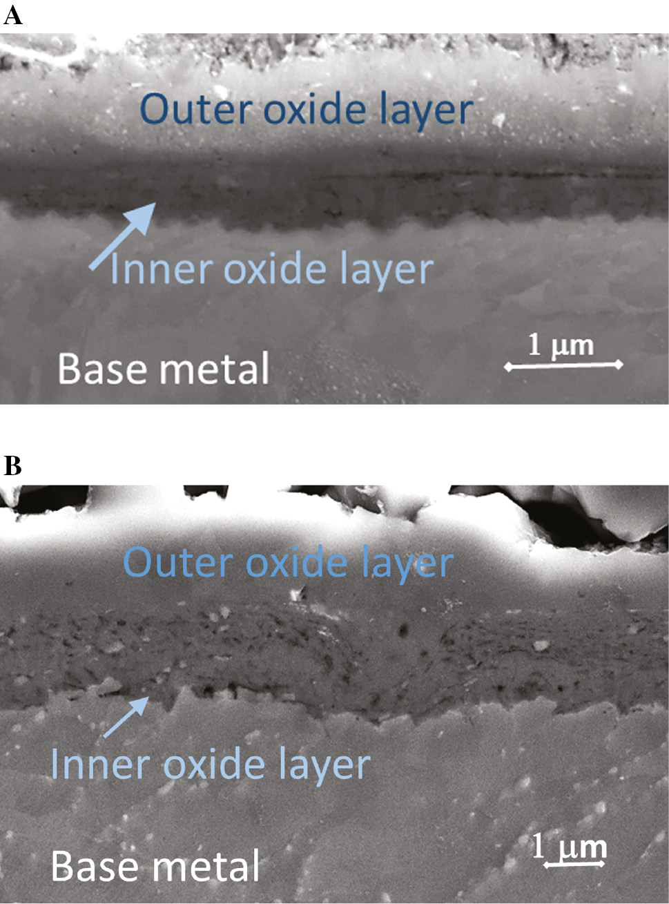 Figure 2: 
            Double-layer oxide scale developed under 120% YS pre-stress during 1000 h in (A) PbBi at 350°C and (B) Pb at 400°C; SEM SE images.