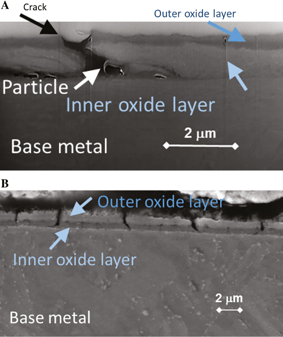 Figure 4: 
            Double-layer oxide scale developed and braked under CERT in (A) LBE at 300°C showing a short crack through the oxide reaching a particle, (B) Pb at 400°C showing many superficial cracks in the oxide; SEM SE images.