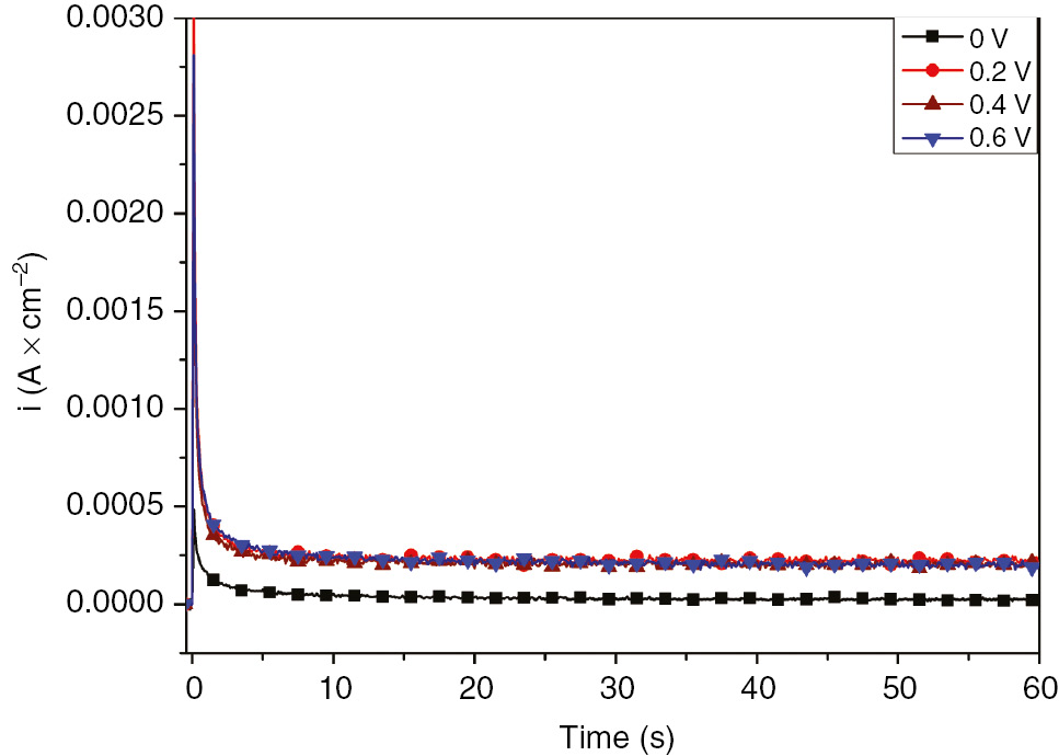 Figure 2: 
						Potentiostatic current time transients for SS in 1 m H2SO4 at different anodic potentials.
					