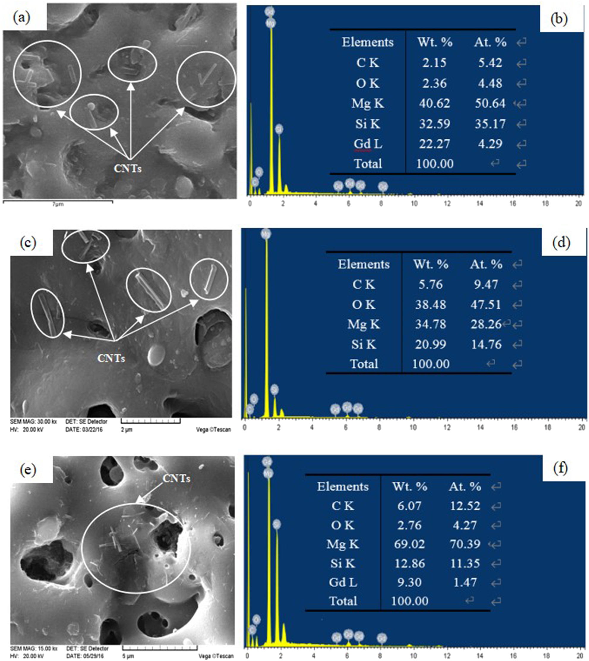 Figure 4: 
						Morphology of plasma electrolytic oxidation (PEO) ceramic coatings with different concentrations of carbon nanotubes (CNTs) (a, b) 0.15 g/L; (c, d) 0.3 g/L; (e, f) 0.5 g/L.
					