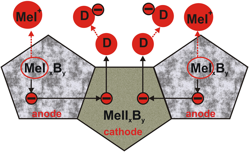 Figure 6: 
						Scheme of work of corrosive micro-cells for a multiphase gas-borided layer.