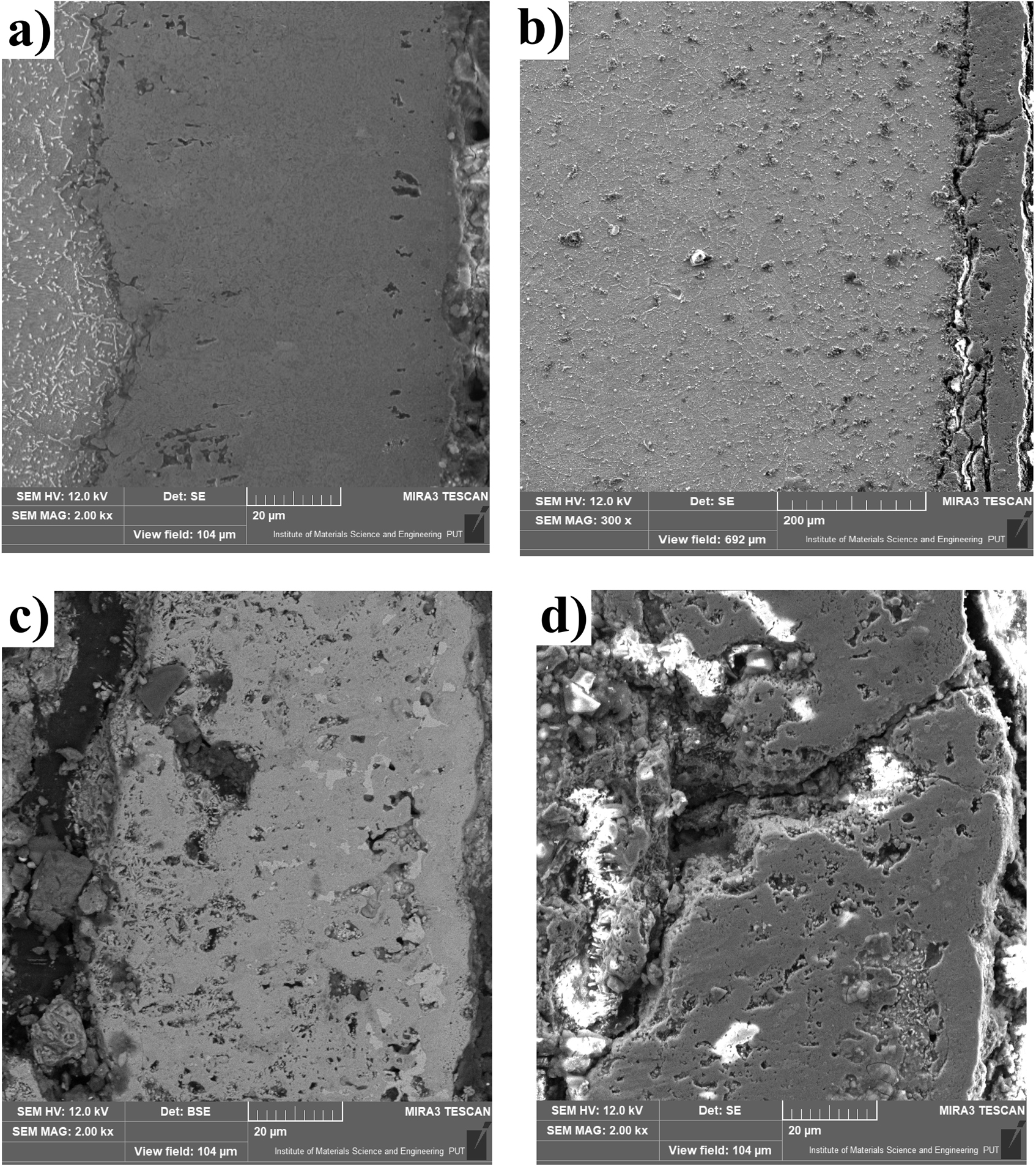 Figure 7: 
						The SEM microstructure of the gas-boride layer produced on Inconel®600-alloy: before oxidation test (a), after oxidation at 1000 °C for 24 h (b), visible delamination of borided layer after oxidation test (c), layer damage after oxidation test (d).