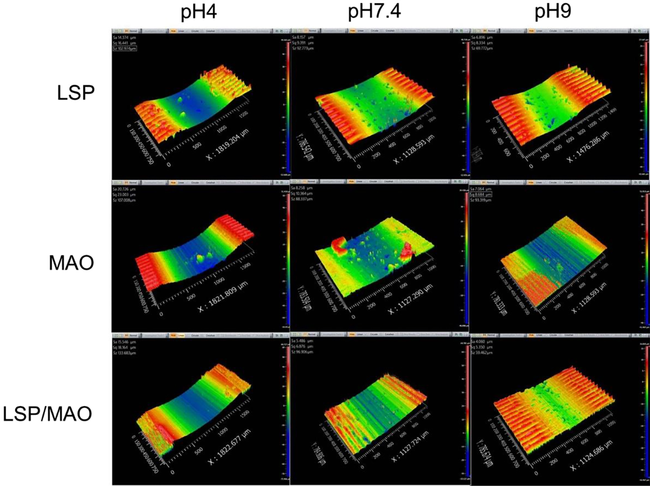 Figure 2: 
						3D morphologies of three specimens in SBF with three pH values.
					