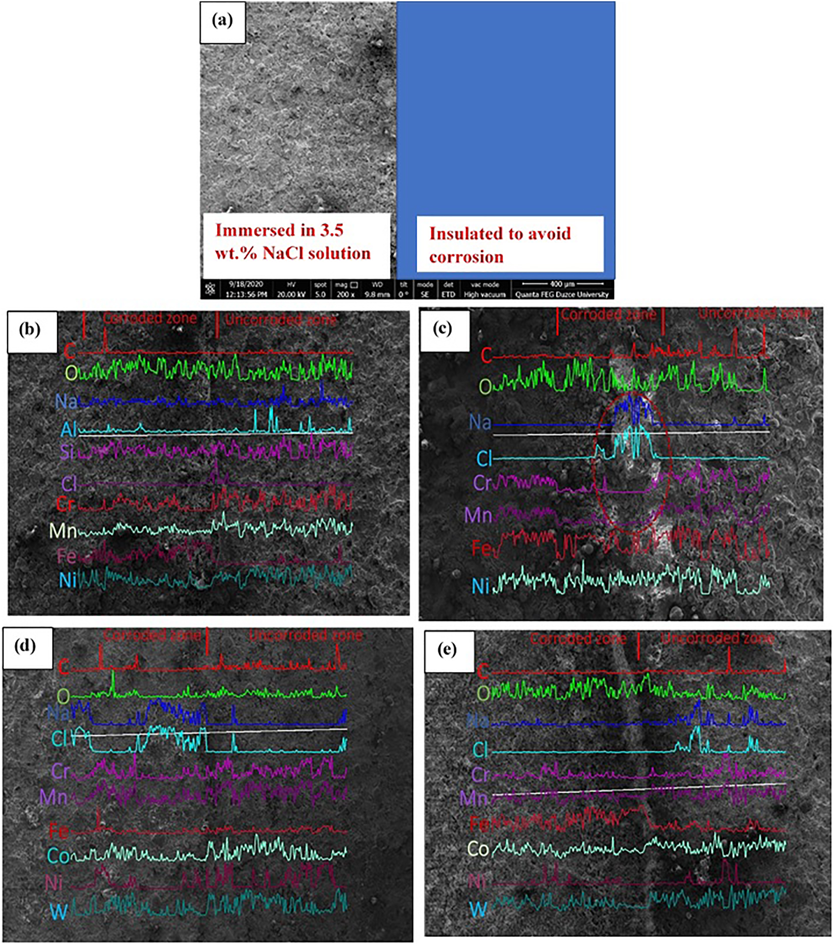 Figure 6: 
						(a) Sample preparation illustration; EDAX elemental mapping of (b) plasma spray coated, (c) Arc spray coated, (d) HVOF coated, and (e) diamond jet coated 30MnB5 boron alloyed steel samples after immersion in 3.5 wt.% NaCl solution at 25 °C.
					