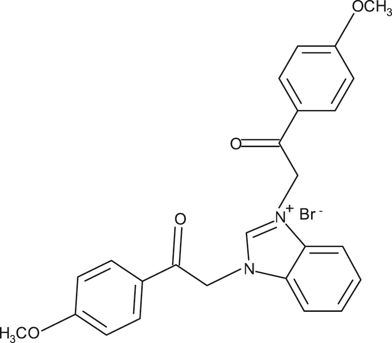 Figure 27: 
						Structure of 1,3-bis[2-(4-methoxyphenyl)-2-oxoethyl]-1Hbenzimidazol-3-ium bromide (Inh-30).
					