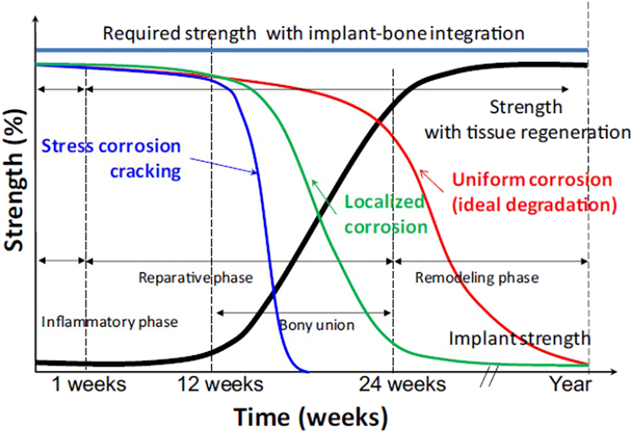 Figure 5: 
						Mechanical integration between implant material and tissue generation over time in a physiological environment. Reprinted from (Koo et al. 2017) with permission from Elsevier.
					