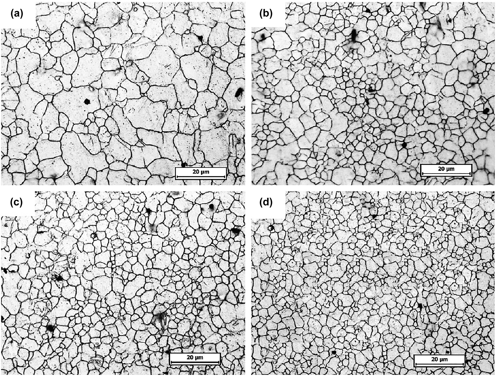 Figure 11: 
							Surface microstructure of the AZ31B alloy (a) before LSP, after LSP with (b) single impact, (c) double impact, and (c) triple impact. Reprinted from (Zhang et al. 2010b) with permission from Elsevier.
						