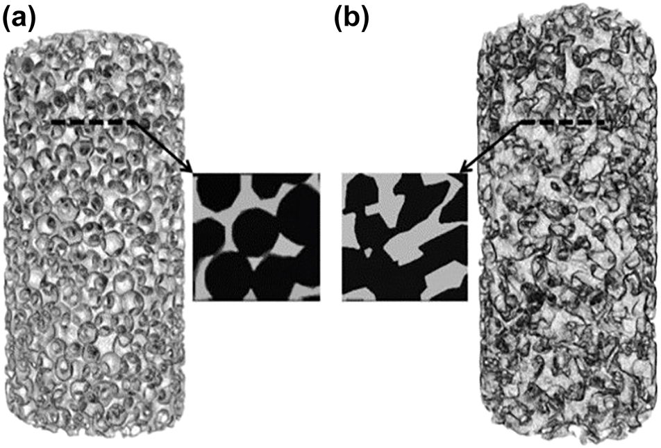 Figure 19: 
						Morphologies of NaCl templates (a) made out of spherical particle and (b) made out of irregular polyhedral particle, respectively, reconstructed from micro-CT results. Reprinted from (Jia et al. 2018) with permission from Elsevier.
					