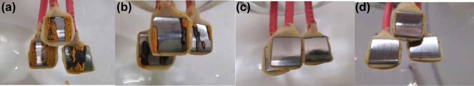Figure 3: 
						Surface morphologies of carbon steel electrodes after immersion in water solution with different pH values for 72 h. pH values: (a) 9.5, (b) 10.0, (c) 10.5, and (d) 11.0.
					