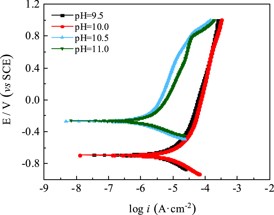Figure 4: 
						Polarisation curves of carbon steel electrodes in water solutions of different pH values.
					