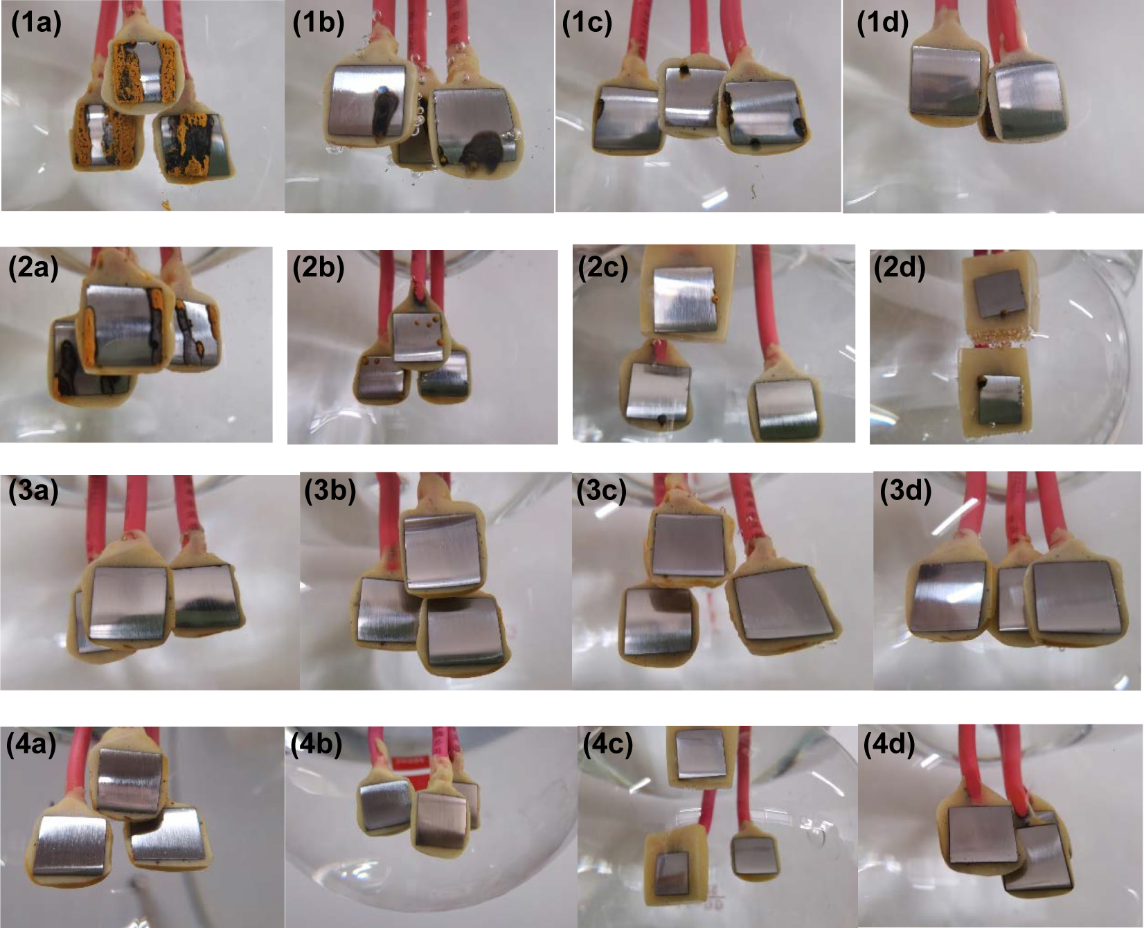 Figure 8: 
						Corrosion morphologies of the carbon steel electrodes after immersion in water solutions with different pH values and different concentrations of hydrazine for 72 h. pH values: (1) 9.5, (2) 10.0, (3) 10.5, and (4) 11.0. N2H4 concentration (mg/L): (a) 0, (b) 50, (c) 100, and (d) 200.
					