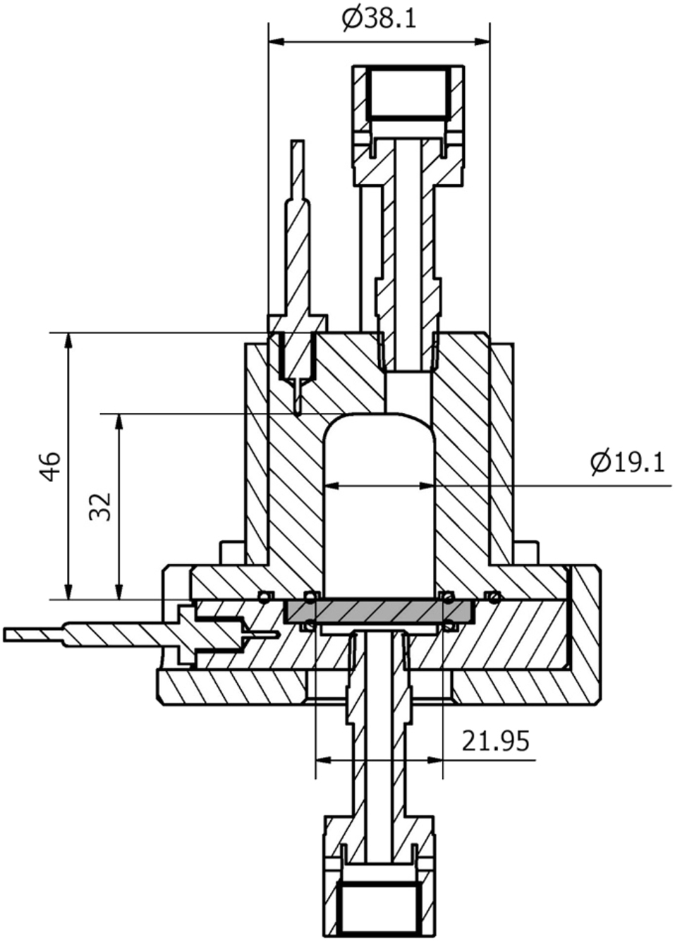 Figure 8: 
						Diagram of a cell for gas phase hydrogen permeation. The steel specimen is identified by the grey colour. Hydrogen gas enters the cell at the top and diffuses to below the specimen. The pressure increase in the volume below the specimen is used to measure the amount of hydrogen diffusing through. Reproduced from Atrens et al. (2022) with permission.
					