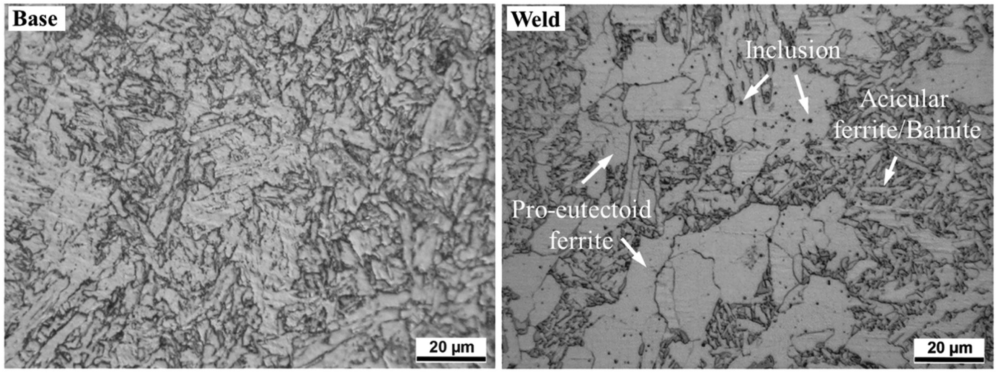Figure 18: 
							Microstructures of X70 steel base metal and weld metal. Reproduced from Nguyen et al. (2020c) with permission.
						