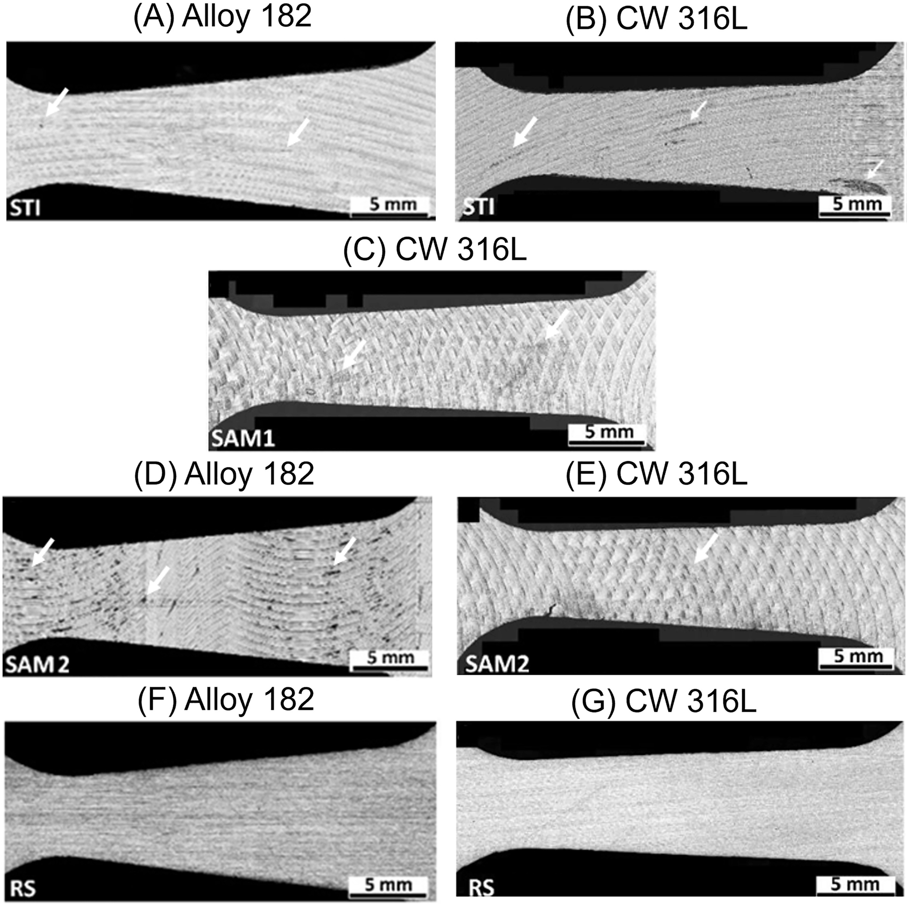 Figure 2: 
						Laser confocal microscopy images showing the morphologies associated with the (A, B) STI, (C) SAM1 (D), (E) SAM2 and (F), (G) RS surface conditions for Alloy 182 and CW 316L, respectively. Arrows show surface C/O contamination analysed by EDS in Figures 3 and 6.
					