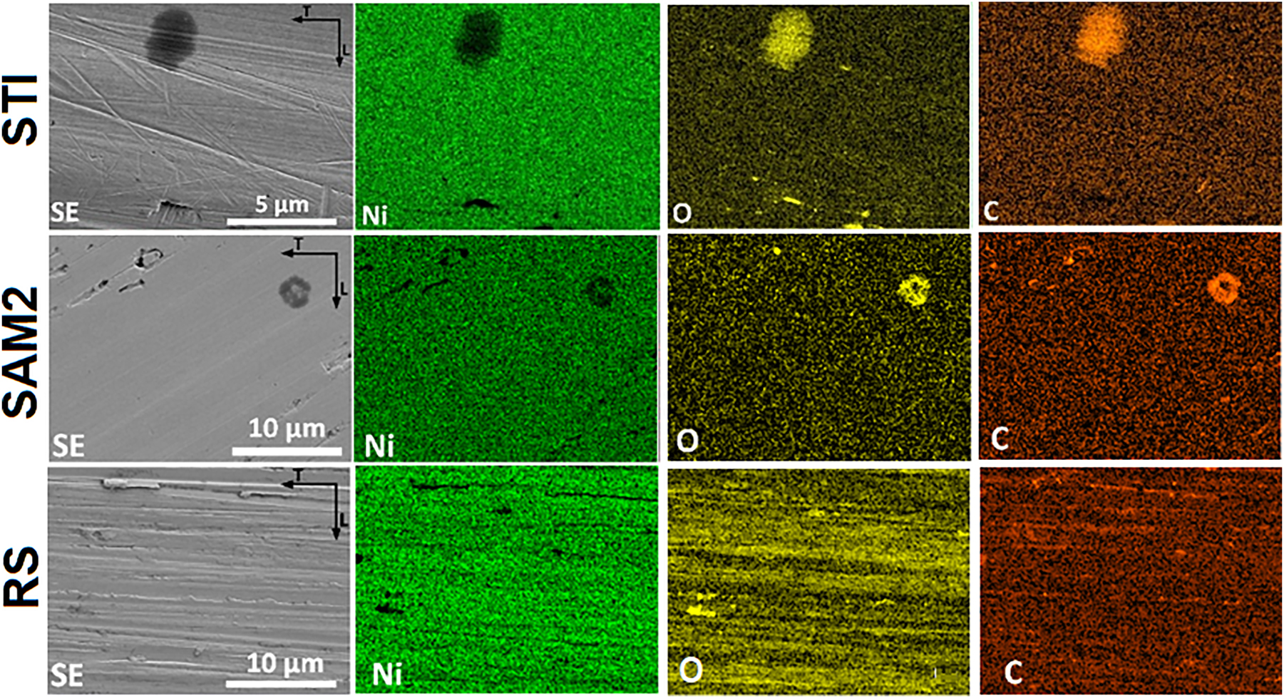 Figure 3:
SE image and corresponding EDS maps of the STI, SAM2 and RS surfaces of Alloy 182 in T-L plane showing the nickel and surface contamination with C and O.