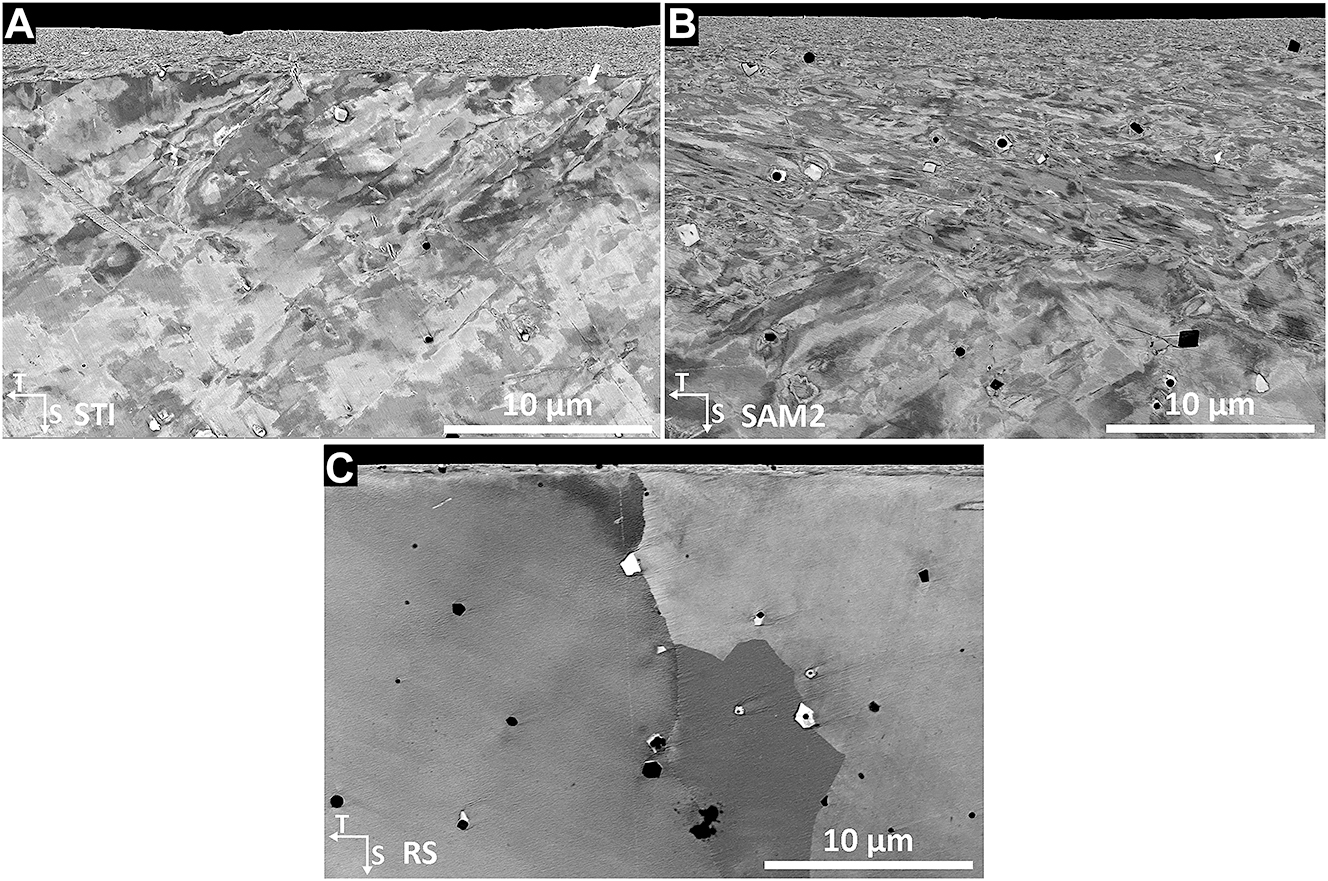 Figure 4:
BSE images obtained along the T-S plane of cross-sectional Alloy 182 specimens showing the near-surface machining-induced UFGL generated from (A) STI, (B) SAM2 and (C) RS processes.