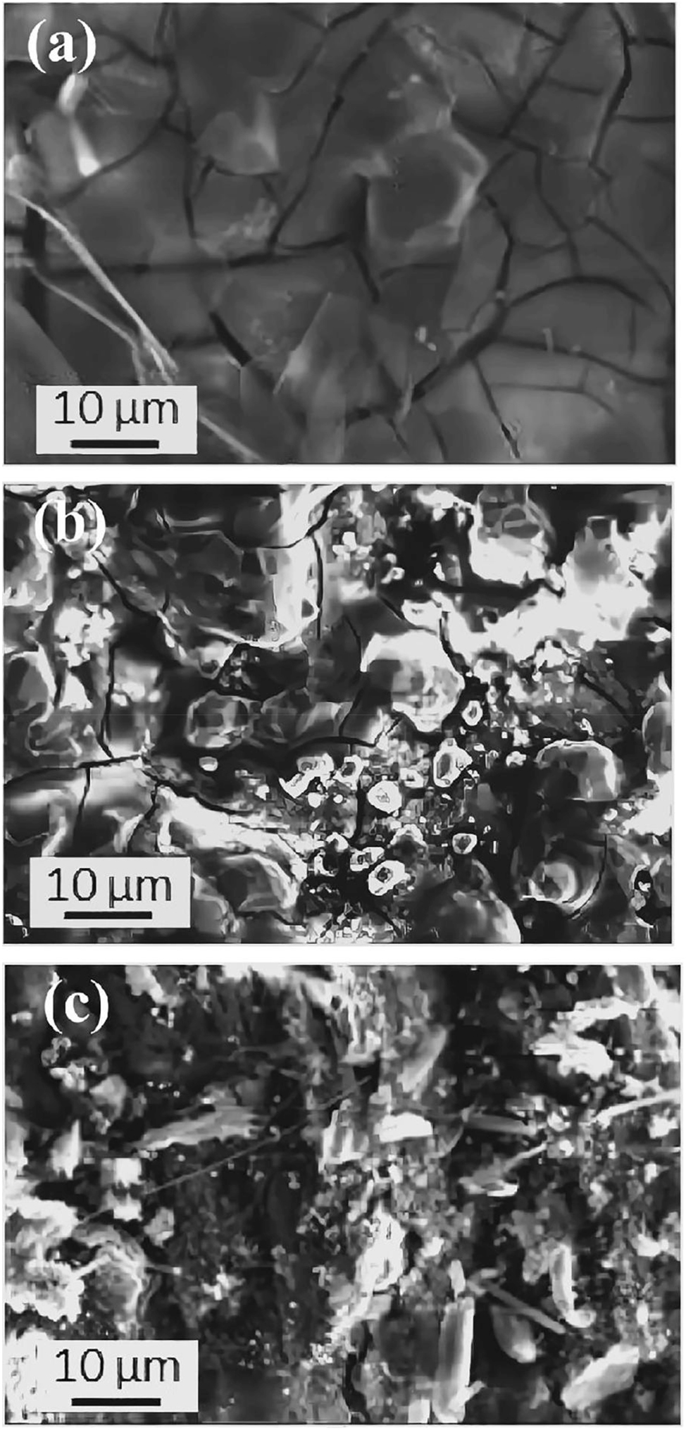 Figure 23: 
							Corrosion morphology of a gas mixture (SiH4 and HCl) with Fe–Cr alloy at 550 °C for 100 h: (a) 0.014 mol/L HCl, (b) 0.025 mol/L HCl, (c) 0.057 mol/L HCl (Aller et al. 2016). Reprinted with permission; copyright 2016 IOP Publishing.
						