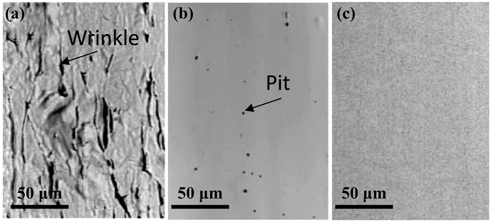 Figure 33: 
							Surface morphology of different surface treatments: (a) bright annealing, (b) electrolytic polishing, (c) electrochemical buffing (Tsuji et al. 2017). Reprinted with permission; copyright 2017 Japan Society of Applied Physics.
						