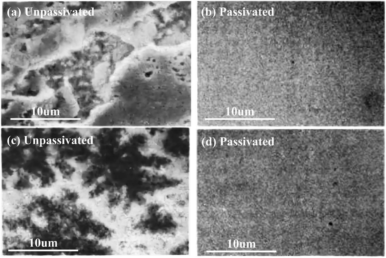 Figure 41: 
							Corrosion morphology of the fluorinated film: (a, b) Cl2, 490 kPa, 25 °C, 72 h, (c, d) HF: H2O: N2 = 5: 1: 94, 98 kPa, 25 °C, 72 h (Miki et al. 1990). Reprinted with permission; copyright 1990 Elsevier.
						