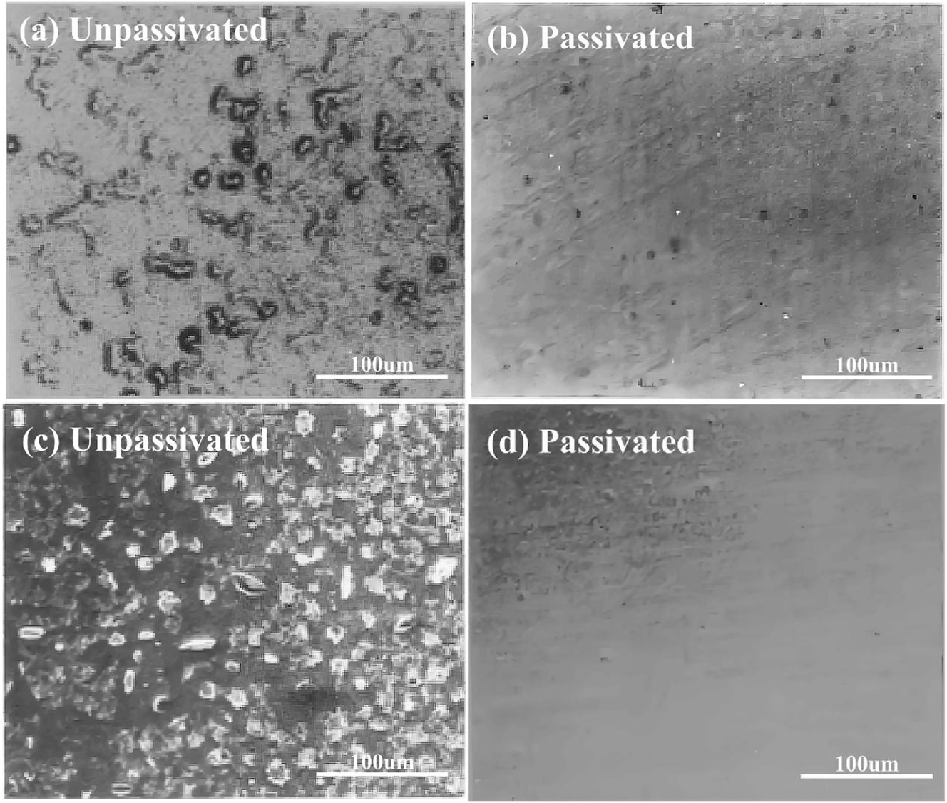 Figure 45: 
							Corrosion morphology of the Ni–F coating: (a, b) Cl2, 2 kg cm−2, 25 °C, 168 h, (c, d) HF: H2O: N2 = 5: 1: 94, 1 kg cm−2, 25 °C, 72 h (Maeno et al. 1992a,b). Reprinted with permission; copyright 1992 IOP Publishing.
						
