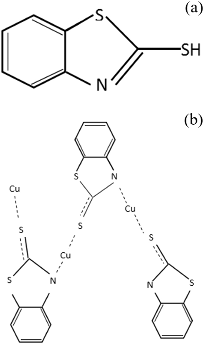 Figure 9: 
Molecular structure and adsorption configuration. (a) Molecular structure of 2-mercaptobenzothiazole. (b) Adsorption configuration of 2-mercaptobenzothiazole on copper.
