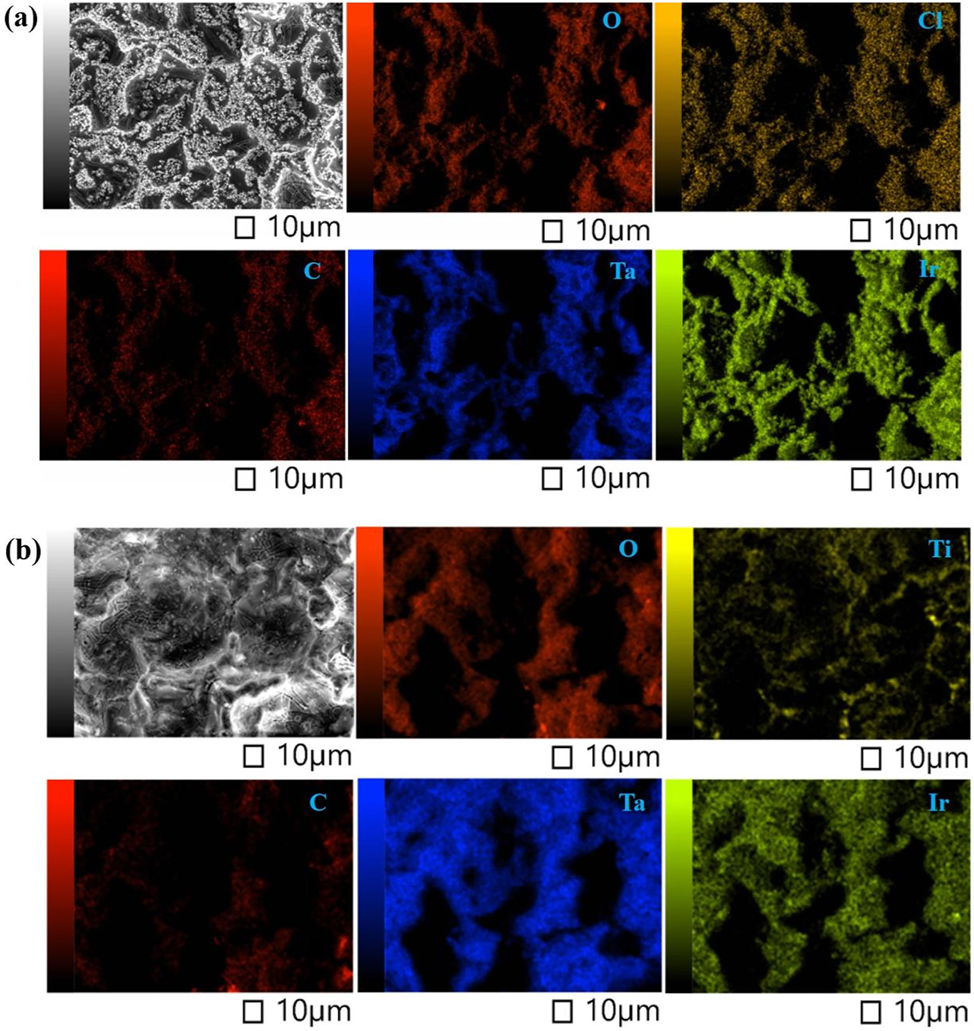 Figure 5:
EDS mapping of the (a) original and (b) failed anodes.